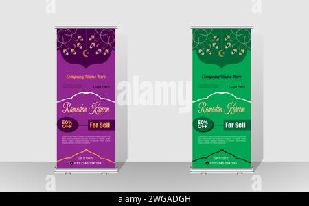Happy Ramadan Rollup banner template design. Ramadan Sell or best offer Billboard Design. Stock Vector