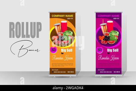 Happy Ramadan Rollup banner template design. Ramadan Sell or best offer Billboard Design. Stock Vector