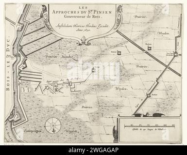 Trenches of the State Army under Willem Pinsen van der Aa during the siege of Den Bosch, 1629, 1629 - 1630 print Trenches of the Staatse Army under Willem Pinsen (Pijnsen) van der Aa, governor of Rees. Part of the siege of Den Bosch by the State Army under Frederik Hendrik, from 1 May to 17 September 1629. Inscriptions in the show in French and Dutch. Probably belongs to the large map of the siege. print maker: Northern Netherlandspublisher: Amsterdam paper etching maps of separate countries or regions. fortifications, military engineering the Bosch Stock Photo