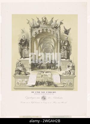 Memorial print by 300-year commemoration of the Union of Utrecht 1579-1879, 1879 print Memorial print by 300-year commemoration of the Union of Utrecht 1579 on January 29, 1879. Central signing of the Union in the Domkapittel in Utrecht. Count Jan van Nassau and Willem van Oranje on either side. Furthermore, the weapons of the seven provinces, various tokens and some allegorical figures. At the bottom of the assignment, and a portrait of, Prince Hendrik. The print includes a message from the publisher and a statement. print maker: Netherlandsprinter: Amsterdampublisher: Utrecht paper  alliance Stock Photo