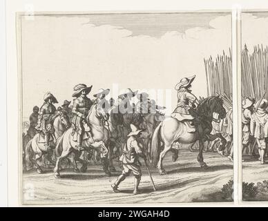 Exodus of the Spanish army from Maastricht, 1632 (plate 5), 1633 print Exercise of the Spanish army from Maastricht, August 23, 1632. Fries of six numbered plates, plate no. 5. The cavalry of the departing army. Northern Netherlands paper etching retreat of the defeated Maastricht Stock Photo