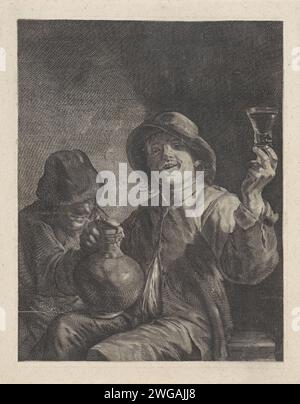 Two farmers in an interior, Anonymous, After David Teniers (II), 1626 - 1740 print The farmer in the middle has a Roemer. He has a jug in his right hand. Behind him a fiddling farmer. print maker: Low Countriesafter design by: Southern Netherlands paper engraving pipe  tobacco (+ taking (particular) foodstuffs: eating, drinking, smoking, chewing, etc.). drinking. farmers Stock Photo