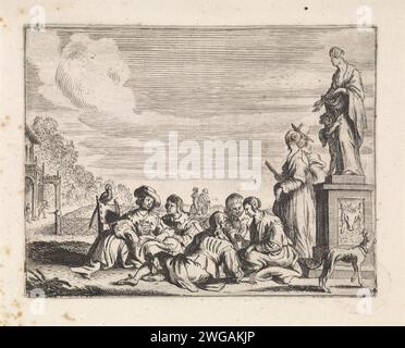 Elegant company in Tuin, Cornelis de Wael, 1630 - 1648 print An elegant company sits together on a path in a garden. On the right a statue of Venus with Amor. A dog looks up at the image. Numbered in the bottom right: 14 (?). Italy paper etching / engraving garden. private festivities, merry company. (story of) Venus (Aphrodite). dog Stock Photo