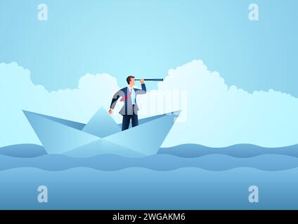 Business concept of a businessman using telescope on paper boat, vector illustration Stock Vector