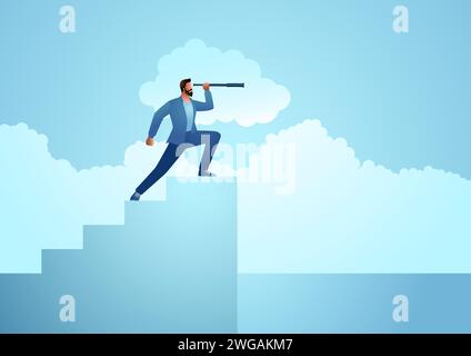 Business vector illustration of a man using telescope on stairs Stock Vector