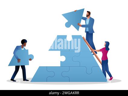 People in casual wear building a triangle shape puzzle, team work, under construction, vector illustration Stock Vector