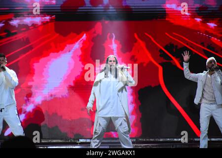 LEON, MEXICO - FEB 03. American 90s pop band Backstreet boys performing live for more than 30,000 attenders during Feria de Leon at Foro Mazda as part of DNA World Tour on February 3, 2024 in Leon, Mexico. (Photo by JVMODEL) Stock Photo