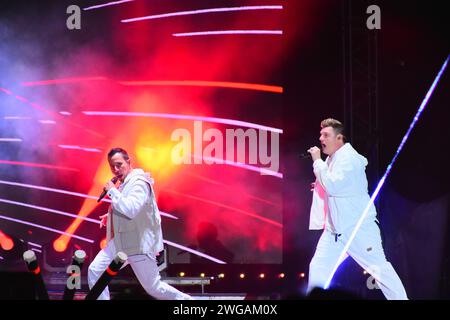 LEON, MEXICO - FEB 03. American 90s pop band Backstreet boys performing live for more than 30,000 attenders during Feria de Leon at Foro Mazda as part of DNA World Tour on February 3, 2024 in Leon, Mexico. ( Credit: JVMODEL/Alamy Live News Stock Photo