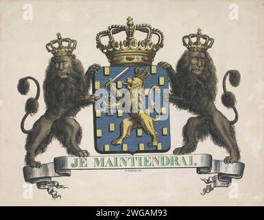 Coat of arms of the Kingdom of the Netherlands, 1815, V. Labargé, 1815 print The weapon of the Kingdom of the Netherlands, as determined on August 24, 1815. The weapon with king's crown and two lions with royal crowns. With saying 'Your Maintiendrai'. Low Countries paper  coat of arms (as symbol of the state, etc.) (+ nation; national) Stock Photo