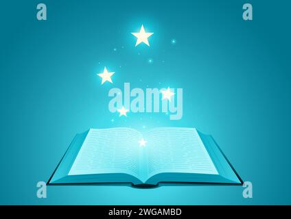 Bright stars flying out from opened book, knowledge, magic, education concept Stock Vector