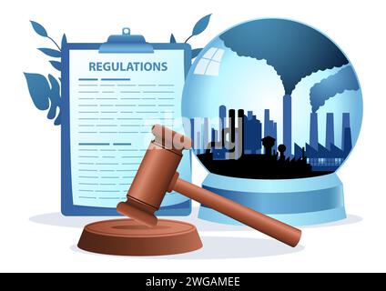 Gavel justice hammer with polluted factories in crystal ball on the background, carbon and emission regulation, pollution control concept Stock Vector