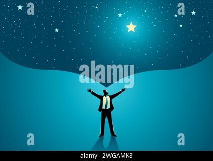 Man standing open arms with the open space above him as a representation of his big dream Stock Vector