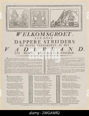 Welcome greeting to the recurring Dutch prisoners of war, 1833, 1833 print Welcome greeting to the Dutch soldiers who were taken prisoner of war during the siege and during the conquest of the Citadel of Antwerp, were released in June 1833 and return to the Netherlands. At the top three old irrelevant woodcut (ships at sea and a portrait of Stadholder William IV). In the text a description of the siege, the captivity and the return of the Dutch. Below that a poem in twelve verses. Rotterdam paper letterpress printing liberating prisoners of war Stock Photo