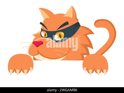 Funny cartoon a cat wears mask peeking from behind the wall, vector illustration Stock Vector
