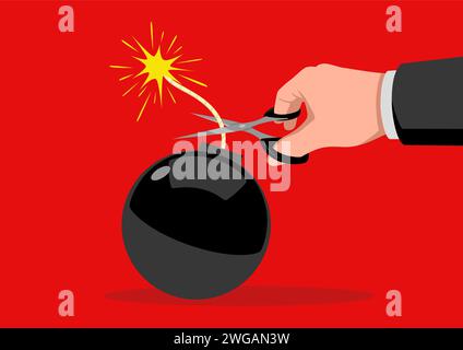 Vector illustration of a hand cuts the lit fuse of a bomb with scissors, solving problem, solution, vector illustration Stock Vector