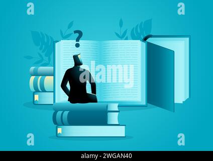 Man sits on a pile of books and reads a giant book curiously, literature, knowledge, education, vector illustration Stock Vector