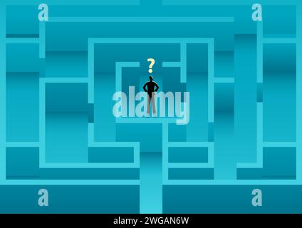 Businessman standing in the middle of the maze confusedly looking for a way out, vector illustration Stock Vector