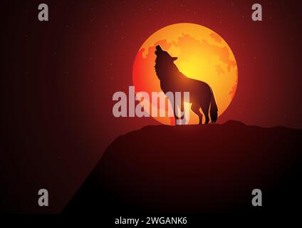 Wolf howling during full moon, vector illustration Stock Vector