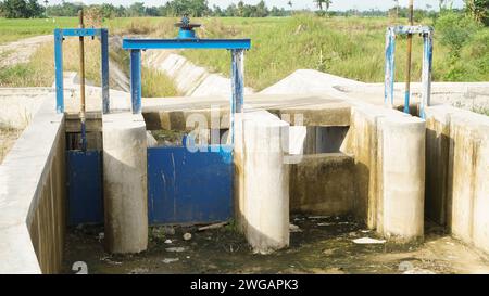 Small dam in rice fields in the dry season Stock Photo