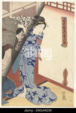 Vrouw een kimono Opbergend, Utagawa Kunisada (I), 1836 - 1838 print Woman in blue Yukata with bird pattern, a men's kimono storing in cupboard; Room partially illuminated by an unortitated lamp. print maker: Japanpublisher: Tokyo paper nishiki-e / color woodcut standing figure - AA - female human figure. household chores. wardrobe Stock Photo