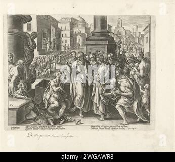 Paulus heals the man who could not walk, Philips Galle (Possible), after Jan van der Straet, 1582 print The Apostles Paul and Barnabas arrive in Lystra. There they heal a paralyzed beggar. The crowd collected around their gathered looks with admiration. The print has a Latin caption and is part of a 34-part series on the subject of the actions of the apostles. The performance is based on the Bible text Acts 14: 8-11. print maker: Antwerpprint maker: Antwerpafter design by: Florencepublisher: Antwerp paper engraving Paul and Barnabas heal the feet of a man; the people of Lystra think they are M Stock Photo