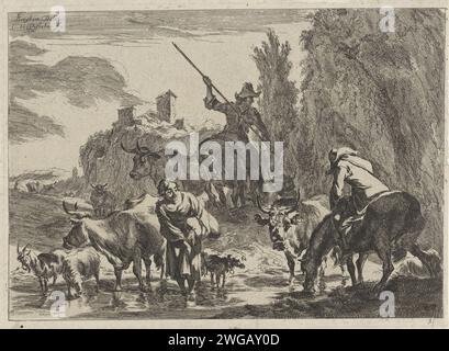Shepherds with cattle wad a stream, Cornelis Visscher (II), After Nicolaes Pietersz Berchem, 1638 - 1658 print Two shepherds on horseback and a running shepherdin waded a stream with their herd cows and goats. One of the horses eagerly drinks from the water. Haarlem paper etching / engraving herding, herdsman, herdswoman, shepherd, shepherdess, cowherd, etc.. cattle. resting. dog Stock Photo
