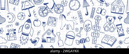 Seamless pattern with kindergarten doodle elements. Horse, hopscotch, toys, rocket, umbrella, house, book and other elements. Scribbled with chalk tex Stock Vector