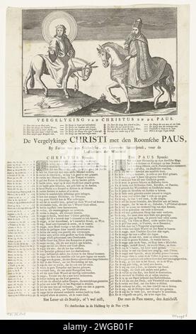 Christ on the donkey, the Pope on horseback, 1758 print Christ on the donkey, the pope on horseback. Comparison between the humility of Christ and the pride of the pope. With captions under the cut and worked plate of 2 times 2 columns of 5 and 4 lines and of 50 numbered differences between Christ and the Pope in Dutch on the magazine. Cartoon on the pope and the Roman church, in which an original sixteenth-century image motif is used. print maker: Northern Netherlandspublisher: Amsterdam paper etching / letterpress printing Reformation (Roman Catholic Church vs. Protestantism). the pope on ho Stock Photo