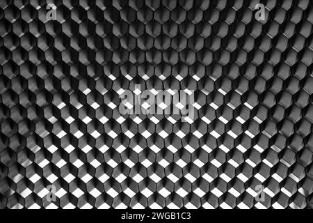 Abstract gray background with honeycomb cells, backlit with a semicircle in the center. Honeycomb photographic reflector. Stock Photo