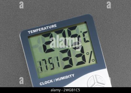 Modern indoor digital temperature and humidity meter with clock. Close-up on a gray background, isolated Stock Photo