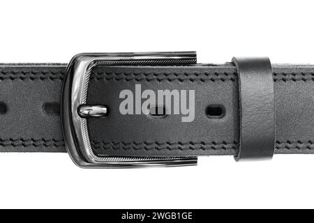 A fragment of a black genuine leather belt with a metal buckle, isolated on a white background Stock Photo