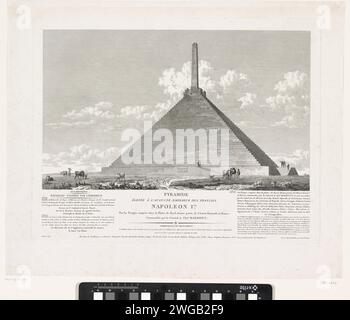 Pyramid Van Austerlitz, 1805, Louis Pierre Baltard, 1805 print View of the pyramid of Austerlitz, built by the soldiers of Napoleon in 1804-1805. In the caption the French inscriptions that are on the four sides of the pyramid. France paper etching / engraving landscape with monument Pyramide van Austerlitz Stock Photo