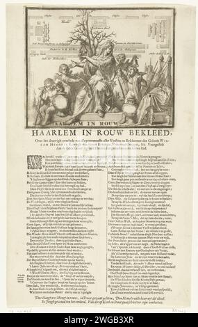 Haarlem mourns at the death of Willem III, 1702, 1702 print Allegorical performance in which the Stadzensmandag van Haarlem mourns at the death of William III. Putti on either side with the torch, urn, death bells and horn. In the background a map of the town hall of Haarlem where a corpse has been held. Under the show a verse of 2 columns in Dutch. Northern Netherlands paper etching / letterpress printing personification of a city, town-patron(ess). mourning the dead Haarlem. Town hall Stock Photo