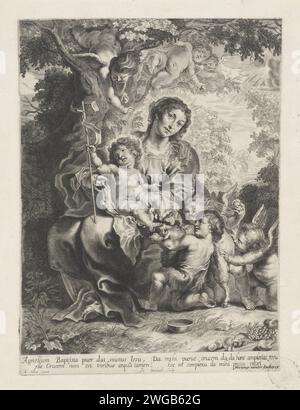 Maria with Christenkind, Johannes de Boper and Engelen, Hans Witdoeck, After Cornelis Schut (I), 1630 - 1674 print  Antwerp paper engraving Mary and the Christ-child with John the Baptist (as child) Stock Photo