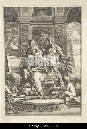 Instructivity on a throne, Vincent Laurensz. van der Vinne (II), 1758 print An allegorical female figure with a spigel on her chest is on an elevation: the personification of educational. Next to her a bird, as the wisest of all the animals and her foot rest on wild boar, the most in the most inherited in the animals. Behind her are the personifications of painting, with palette, and poetry, with roll of paper. In the foreground two children who view an image. Haarlem paper etching symbolic representations, allegories and emblems  education; 'Ammaestramento', Dottrina', 'Educatione', 'Istitut Stock Photo