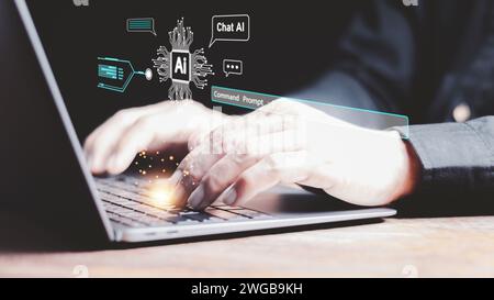 man using the website or software technology AI to help and support work for chatbot, chat ai, generate image, write code, and data analysis using tec Stock Photo