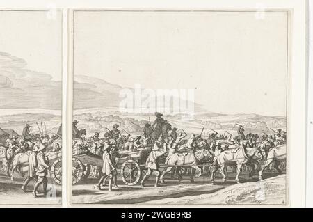 Exodus of the Spanish army from Maastricht, 1632 (plate 4), 1633 print Exercise of the Spanish army from Maastricht, August 23, 1632. Fries of six numbered plates, plate no. 4. The artillery of the departing army. Northern Netherlands paper etching retreat of the defeated Maastricht Stock Photo