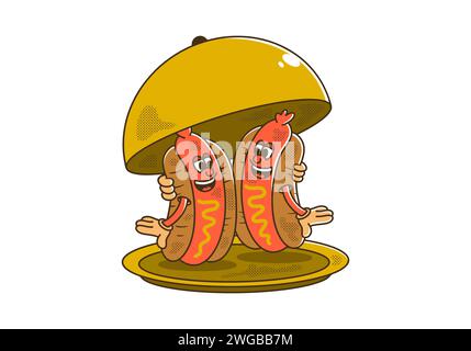 Mascot character illustration of two hot dog on the plate with happy face Stock Vector