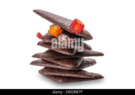 Stack of delicious homemade dry mixed fruit brownie crackers isolated on white background with clipping path. Stock Photo