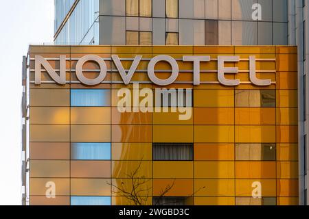 Novotel with sign at Canary Wharf, London, England, UK. Hotel accommodation on the Isle of Dogs. Stock Photo