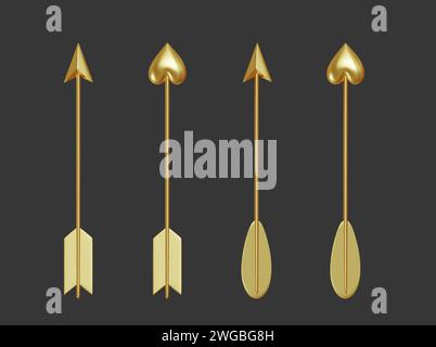 Set of Golden Arrows pointing right up, the tip in form of heart and cone. Valentines day card. Realistic 3d Icon isolated on grey background. Vector Stock Vector