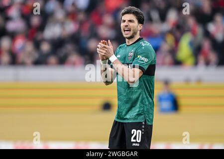 Freiburg Im Breisgau, Germany. 03rd Feb, 2024. Soccer: Bundesliga, SC Freiburg - VfB Stuttgart, Matchday 20, Europa-Park Stadium. Stuttgart's Leonidas Stergiou reacts. Credit: Harry Langer/dpa - IMPORTANT NOTE: In accordance with the regulations of the DFL German Football League and the DFB German Football Association, it is prohibited to utilize or have utilized photographs taken in the stadium and/or of the match in the form of sequential images and/or video-like photo series./dpa/Alamy Live News Stock Photo