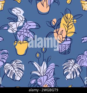 Ficus, Syngonium, Monstera, Spathiphyllum. seamless pattern. Exotic plant in a pot. Home floriculture, house plants, hobby. Botanical illustration in Stock Vector