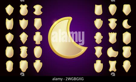 Set of realistic golden heraldic shields. Glass and glossy shield collection. Vector illustration. Stock Vector