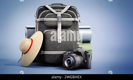 Traveller's backpack, hat, camera and sleeping mats. 3D illustration. Stock Photo