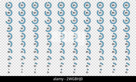 Set of icon for infographic. Big percent collection for user interface UI or business infographic. Percentage circle diagrams from 0 to 100. Black and Stock Vector