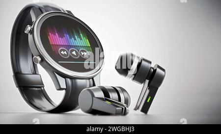 Generic smartwatch and wireless bluetooth headphones. 3D illustration. Stock Photo