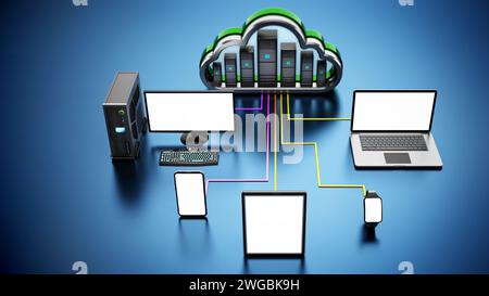 Smart devices connected to the cloud shaped servers. Cloud computing diagram. 3D illustration. Stock Photo