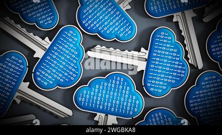 Metal keys with cloud shapes and binary codes on top. Cloud computing concept. 3D illustration. Stock Photo