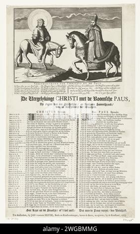 Christ on the donkey, the Pope on horseback, 1753 print Christ on the donkey, the pope on horseback. Comparison between the humility of Christ and the pride of the pope. With caption in the plate of 2 times 2 columns of 5 and 4 lines and separate text on leaf with 50 numbered differences between Christ and the Pope in Dutch. Cartoon on the pope and the Roman church, in which an original sixteenth-century image motif is used. print maker: Netherlandspublisher: Amsterdam paper etching / letterpress printing Reformation (Roman Catholic Church vs. Protestantism). the pope on horseback, and Christ Stock Photo